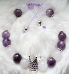 Purple and white macramé style adjustable bracelet, crown (with purple zircons), and silver plated spacers